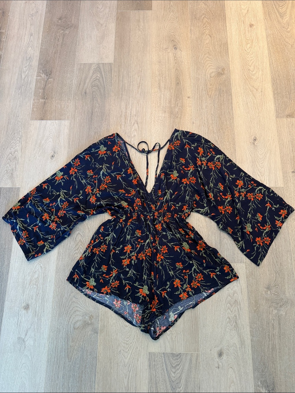 In The Beginning Navy Floral V-Neck Dress with Orange Blooms